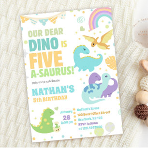 Dino Five-A-Saurus 5e Verjaardagsfeest Pastel Kaart
