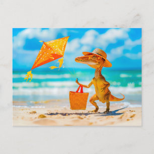 Dino Flying Kite op het strand Feestdagenkaart