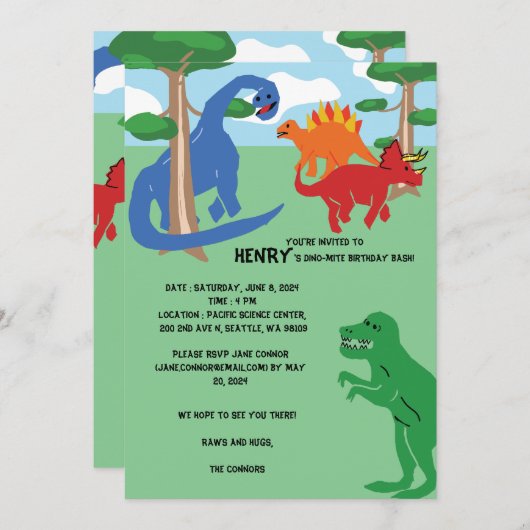 Dino-fun Anniversaire Bash Invitation (Devant / Derrière)