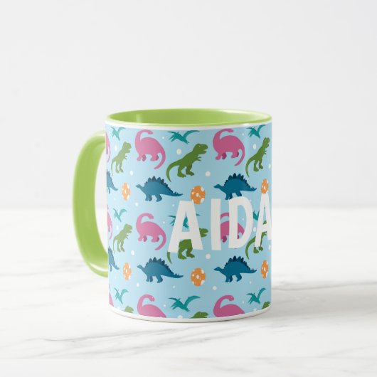 Dino Fun Kids Rose Orange Vert Bleu Nom Mug (Devant gauche)