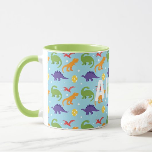 Dino Fun Kinder Red Oranje Green Paars Name Mok (Met donut)