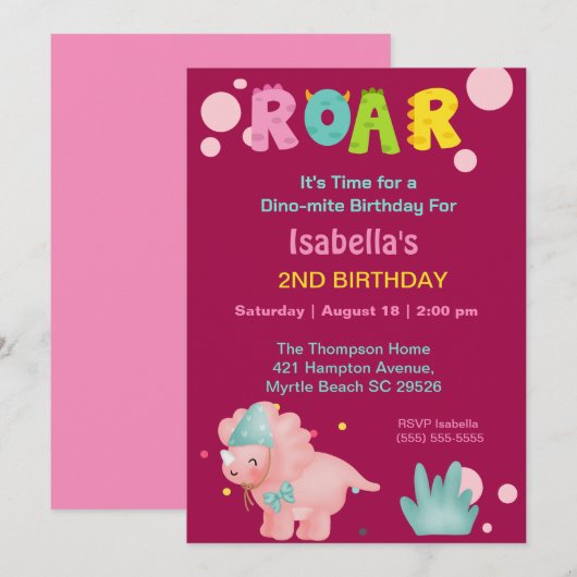 Dino Girls 2nd Birthday Party Invitation (Devant / Derrière)