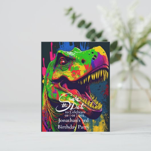 Dino Happy T-Rex De datum opslaan Briefkaart (Staand voorkant)