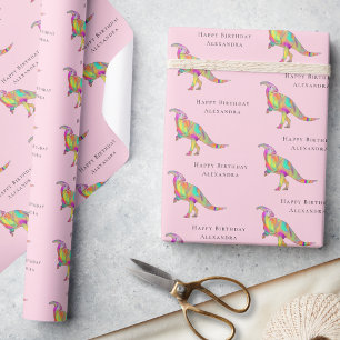 Dino Happy Verjaardag Persoonlijke Meisjesnaam Cadeaupapier