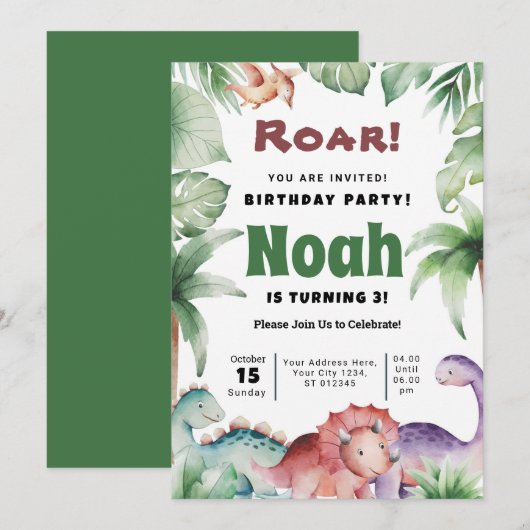 Dino Invitation fête d'anniversaire (Devant / Derrière)