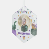 Dino Kind Party Roaring Green Paars Custom Photo Glas Ornament (Voorkant links)