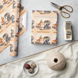 Dino Little Dragon   Foto groot nummer 2e verjaard Cadeaupapier
