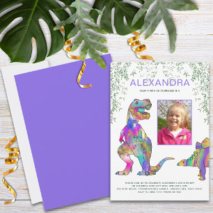 Dino meisjes verjaardagsfeest foto paars kaart