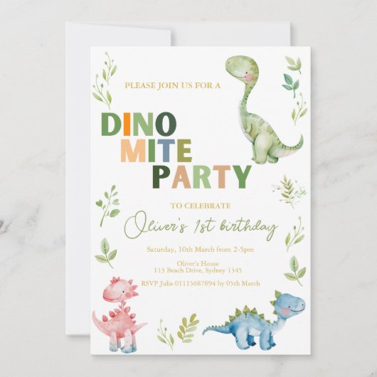 Dino-mite 1e verjaardagsfeestje kaart (Voorkant)