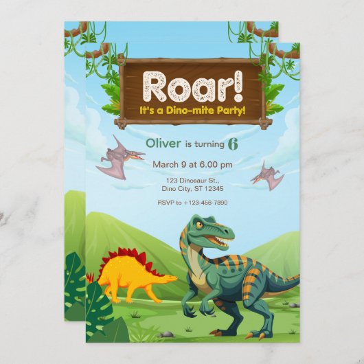Dino-Mite Dinosaur Birthday Party Kaart (Voorkant / Achterkant)