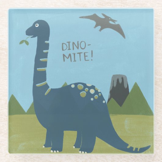 Dino-mite Dinosaur Glazen Onderzetter (Voorkant)