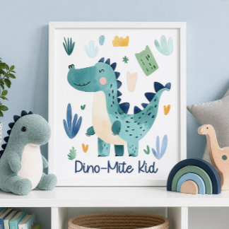 Dino-Mite Kid Schattige Blauwe Dinosaurier Kinderk Poster