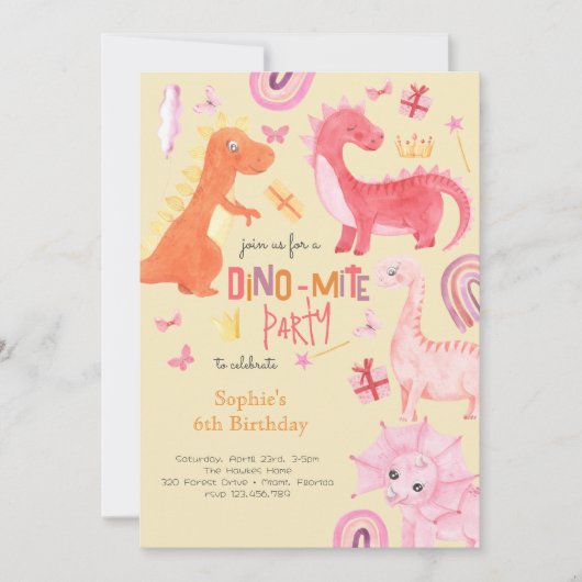 Dino-mite rose dino invitation anniversaire (Devant)