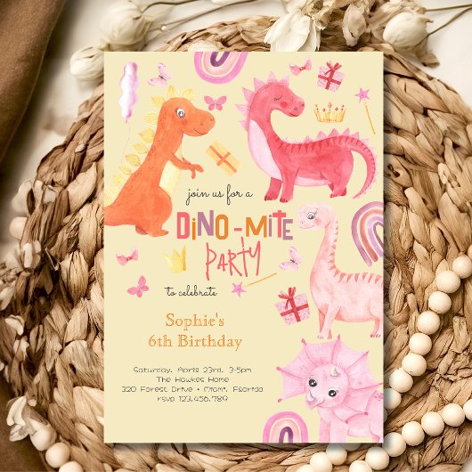 Dino-mite rose dino invitation anniversaire