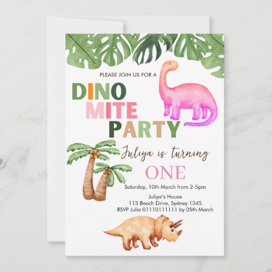 Dino-mite t-rex verjaardagsfeestje roze kaart (Voorkant)