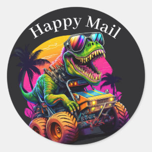 Dino Monster Truck Happy Mail Ronde Sticker