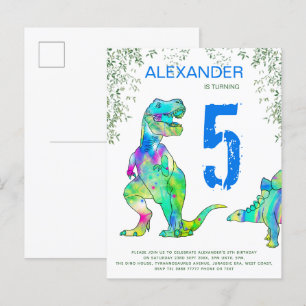 Dino oerwoud 5de verjaardagsfeest budget blauw In Uitnodiging Briefkaart