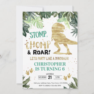 Dino Party Boy Gold Dinosaur Birthday Kaart