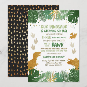Dino Party Boy Green en Gold Dinosaur Birthday Kaart