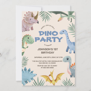 Dino Party   Cute Dinosaurs First Birthday Invitat Kaart