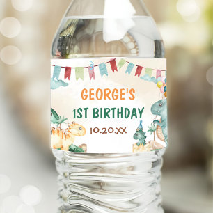 Dino Party Cute Dinosaurs First Birthday Waterfles Etiket