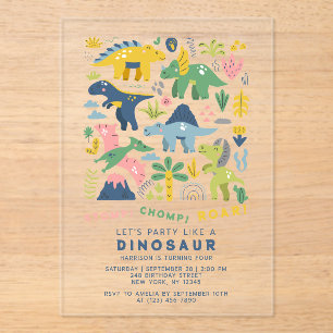 Dino Party Cute Modern Dinosaurs Vierde verjaardag Acryl Uitnodigingen