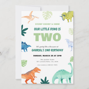 Dino Party Dinosaur Uitnodiging Tweede Verjaardag