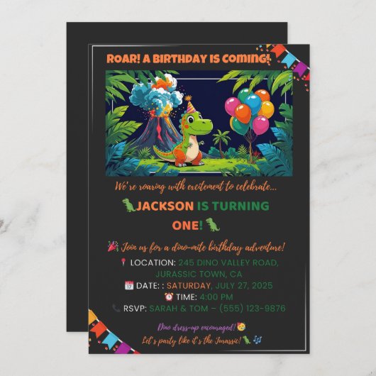 Dino Party Invite – Bewerkbaar Kaart (Voorkant / Achterkant)