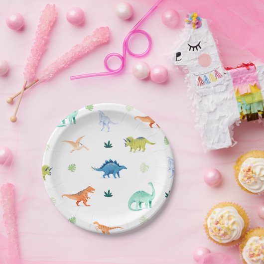 Dino Party Kleurrijke Dinosaurus Verjaardagspapier Papieren Bordje (Feest)