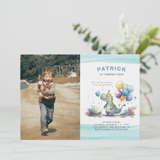Dino Party Schattige Waterverf Boy Blue Verjaardag Kaart (Staand voorkant)