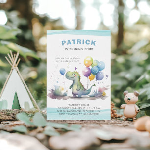 Dino Party Schattige Waterverf Boy Blue Verjaardag Kaart