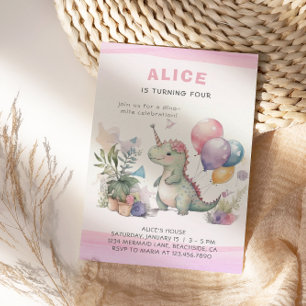 Dino Party Schattige Waterverf Meisje Roze Verjaar Kaart