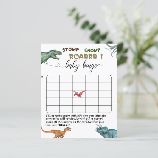 Dino Party stomp chomp roar baby shower bingo game (Staand voorkant)