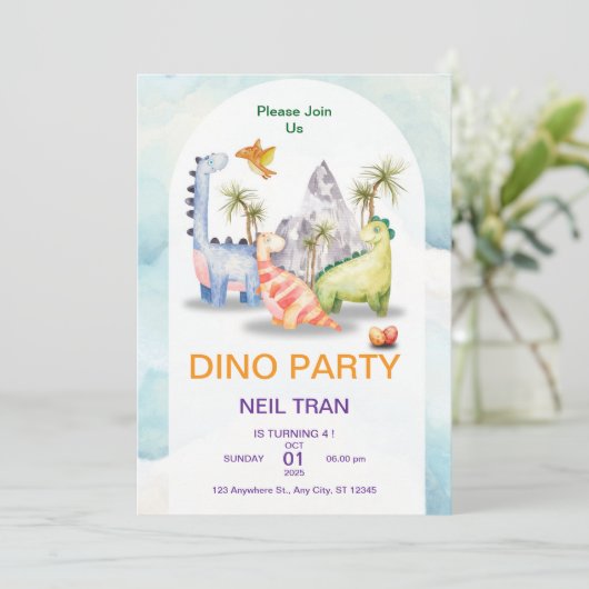 Dino Party verjaardagsuitnodiging – Kinder Kaart (Staand voorkant)