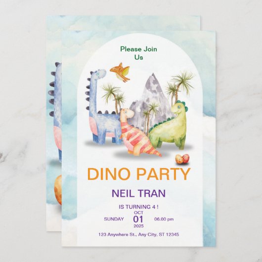 Dino Party verjaardagsuitnodiging –  Kinder Kaart (Voorkant / Achterkant)