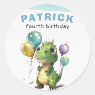 Dino Party Waterverf Boy Blue Verjaardag Ronde Sticker