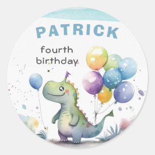 Dino Party Waterverf Boy Blue Verjaardag Ronde Sticker