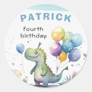 Dino Party Waterverf Boy Blue Verjaardag Ronde Sticker