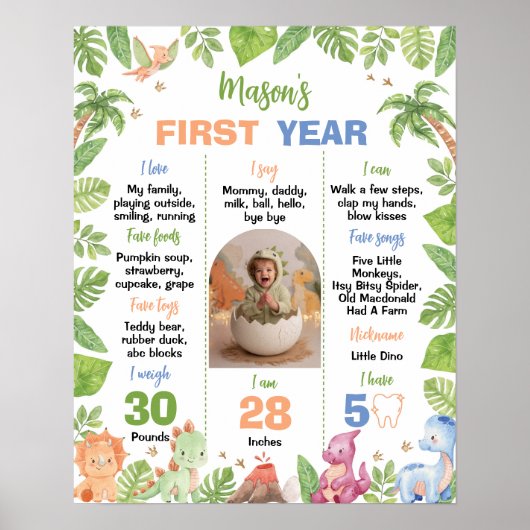 Dino Sachtmoedige Jongen 1e Verjaardagsfeest Mijlp Poster (Voorkant)