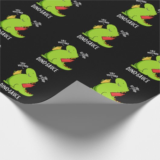 Dino-Sauce Grappige Dinosaurus Pun Donker BG Cadeaupapier (Hoek)