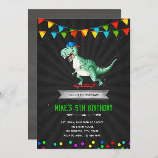 Dino-skeeler verjaardagsfeestje kaart (Voorkant / Achterkant)