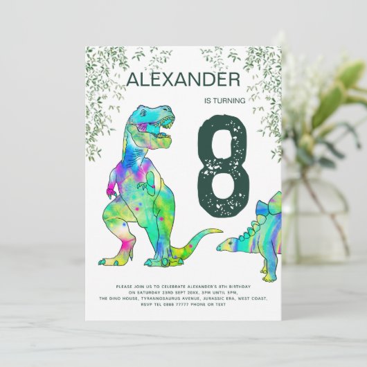 Dino T-Rex Jungle 8e Verjaardagsfeestje Groen Kaart (Staand voorkant)