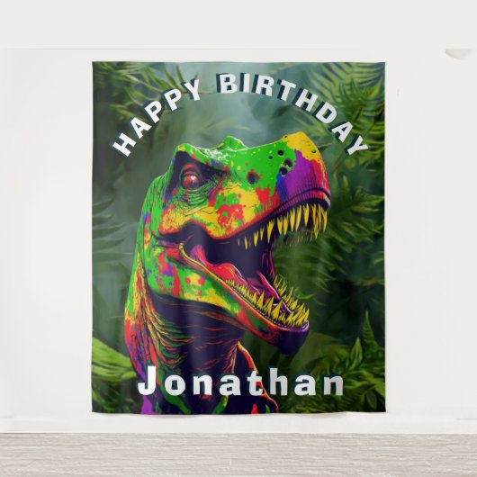 Dino T Rex Oerwoud Happy Birthday achtergrond Wandkleed (Voorkant)