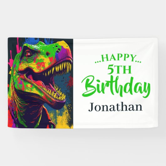 Dino T- Rex Verjaardag Wit Spandoek (Horizontaal)