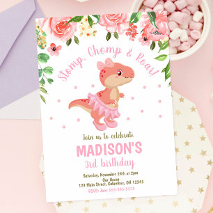 Dino Tutu Ballerina Roze Bloemen Verjaardag Kaart