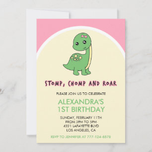 Dino uitnodiging 1e verjaardag stamp chomp brul