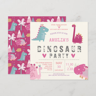 Dino verjaardagsfeestje roze modern cute kaart