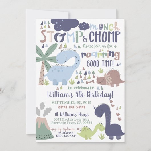 Dino-verjaardagsuitnodiging Stamp en Kauw Kaart (Voorkant)