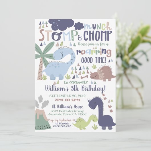 Dino-verjaardagsuitnodiging Stamp en Kauw Kaart (Staand voorkant)