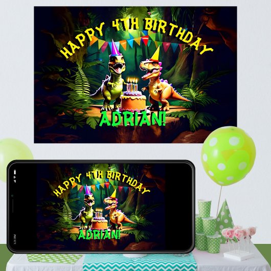 Dino vier dinosaurus happy birthday sjabloon poster